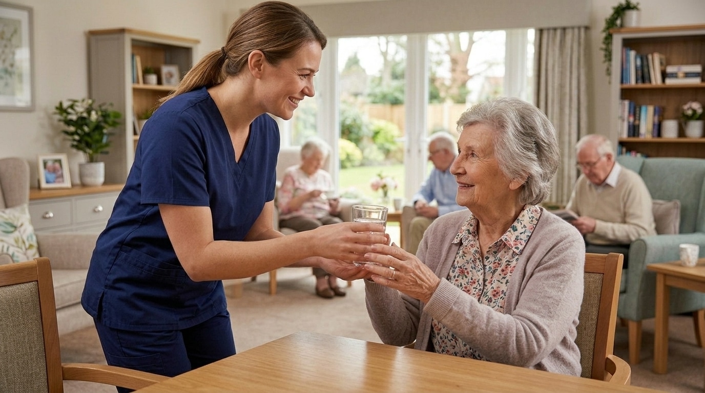 Two adults reviewing senior living options together, highlighting the differences between personal care homes and assisted living communities.