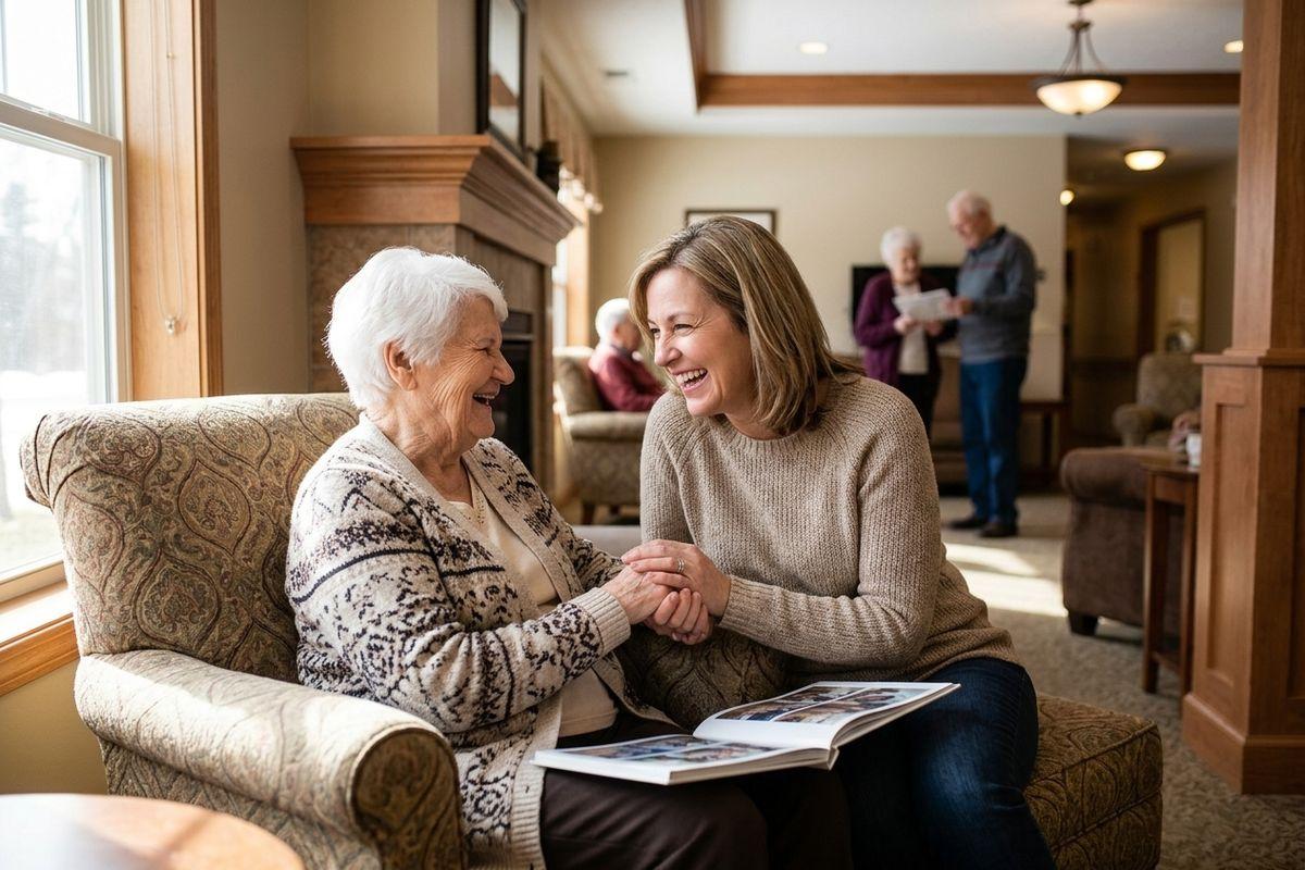Two women share a joyful moment on a patterned couch, holding hands over an open photo album in a cozy living room.