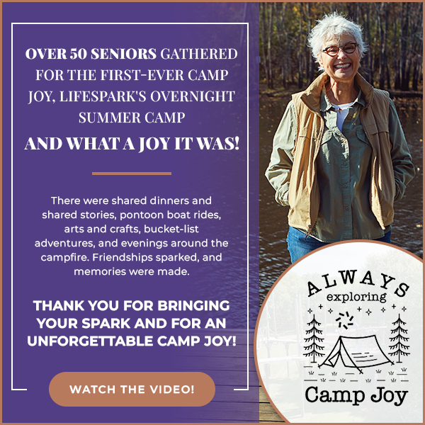 Promotional flyer for Camp Joy senior summer camp; purple panel with bold white text beside a smiling senior woman outdoors by water.